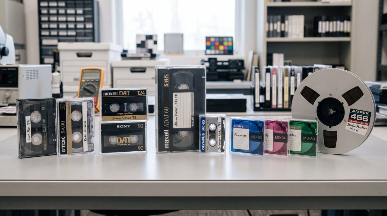 Audio cassette tapes and archival audio transfer equipment at Digital Time Capsule Studios